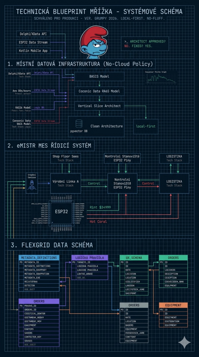 Technické blueprint schéma — místní datová infrastruktura, eMISTR MES, ESP32 a FlexGrid metadata model.